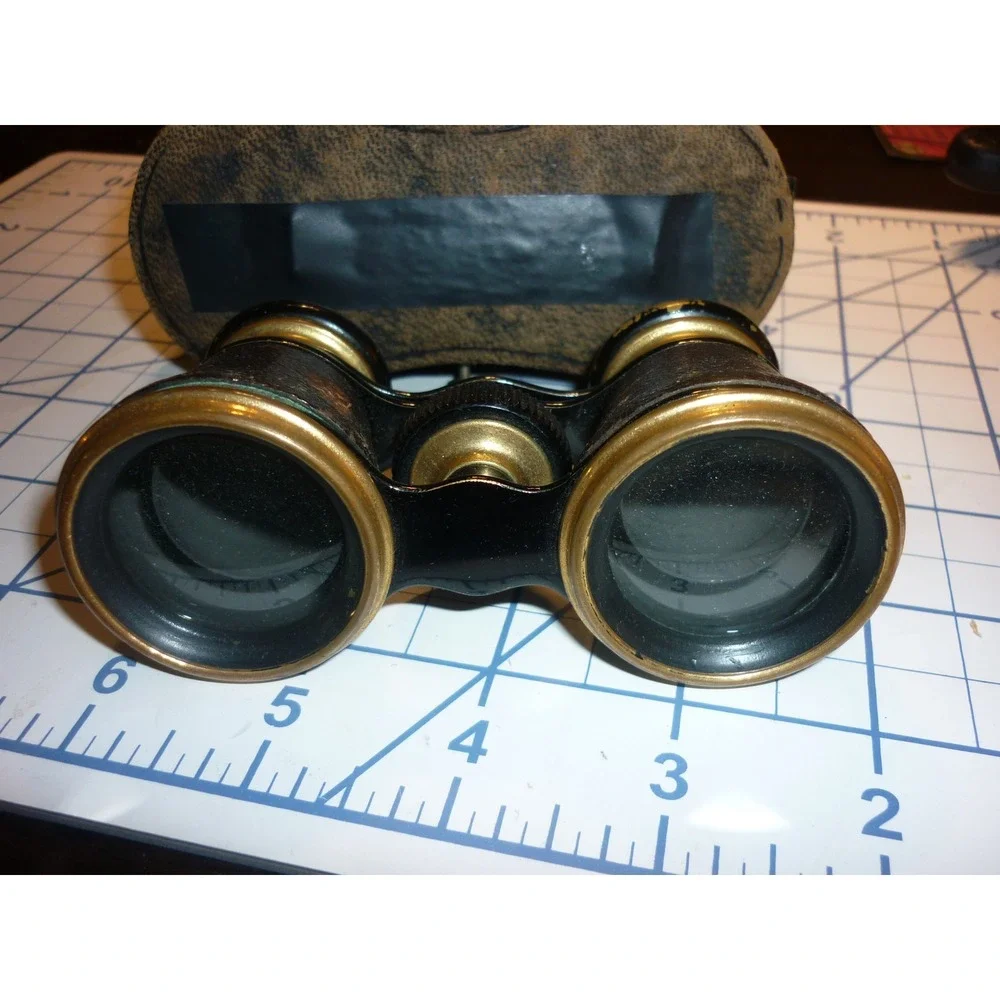 Antique Brass Leather Opera Glasses Victorian Theater Binoculars Blue Satin Case